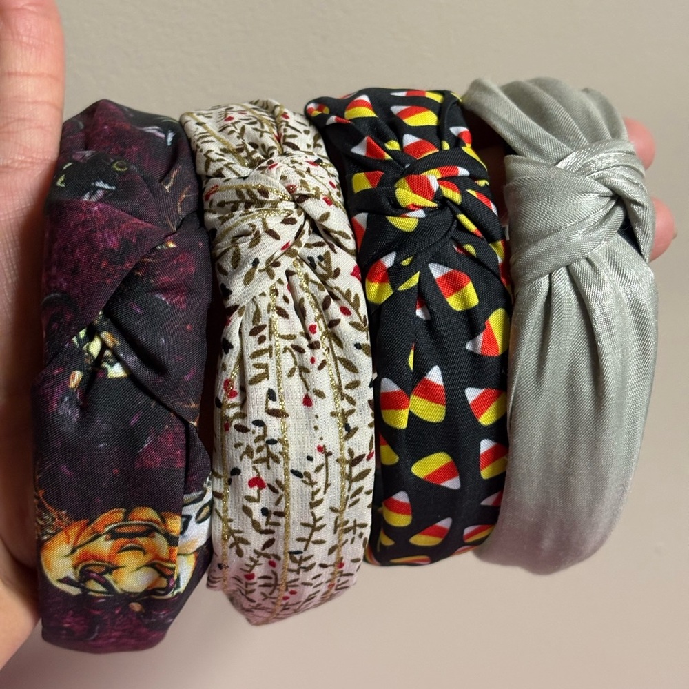 Assorted Knotted Fabric Headbands — Black Pumpkin Candycorn Gray Floral